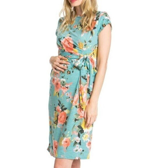 MyBump Maternity Wendy Mint Floral Bow Tie Midi Dress Size Small - Picture 9 of 10